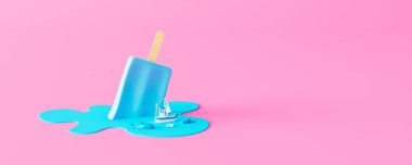 Çubuktaki mavi dondurma eriyor ve gemi ve köpekbalıkları üzerinde yüzüyor. Pastel pembe arka planda yaratıcı minimum yaz konsepti. 3d canlandırma 3d illüstrasyon