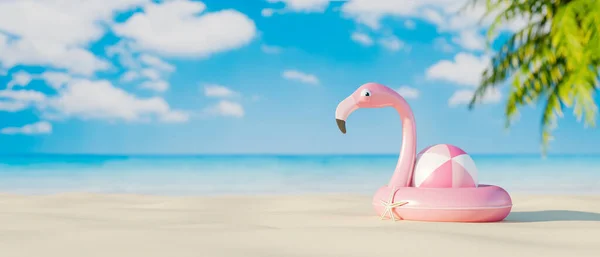 Pink flamingo life belt and rubber ball on the sand beach. Travel on summer vacation concept 3d render 3d illustration