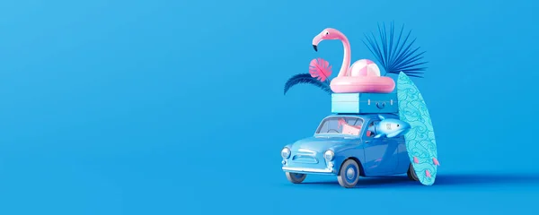 Coche Con Equipaje Accesorios Verano Sobre Fondo Azul Creativa Idea — Foto de Stock