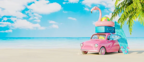 带行李和海滩配件的粉红轿车已准备好迎接暑假 具有复制空间3D渲染3D图解的创意旅行概念 — 图库照片