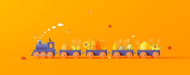 Mavi tren ve vagonlar balkabağı dolu ve turuncu arka planda sonbahar süslemeleri. Yaratıcı asgari sonbahar konsepti fikri 3B Render 3D illüstrasyon
