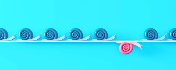 違う考え方や考え方をする ピンクのカタツムリが反対側に行き 3Dレンダリングの3Dイラスト — ストック写真