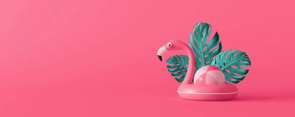 Rózsaszín Flamingó Levelekkel Rózsaszín Háttérrel Nyári Utazás Minimális Koncepció Render — Stock Fotó