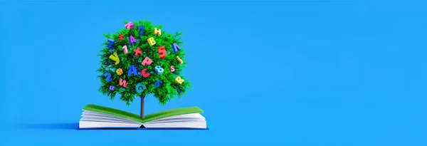 Árbol Con Letras Números Crece Libro Abierto Concepto Educación Conocimiento — Foto de Stock