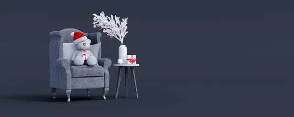 Teddy Bear Gift Grey Armchair Mock Holidays Concept Render Illustration — Stock Photo, Image