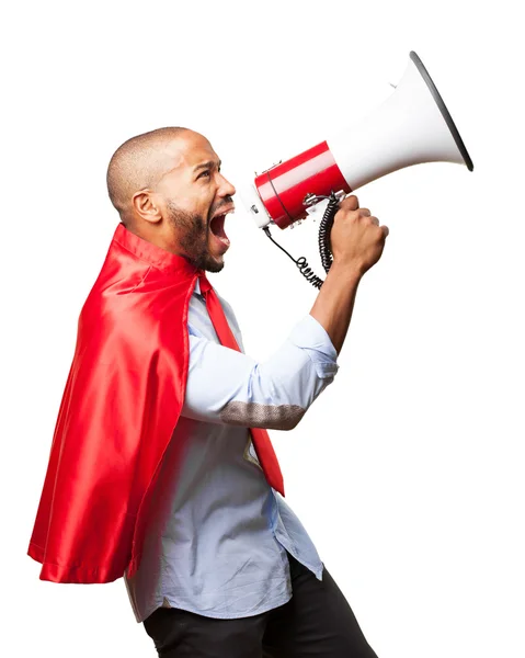 Homem negro herói com megafone — Fotografia de Stock