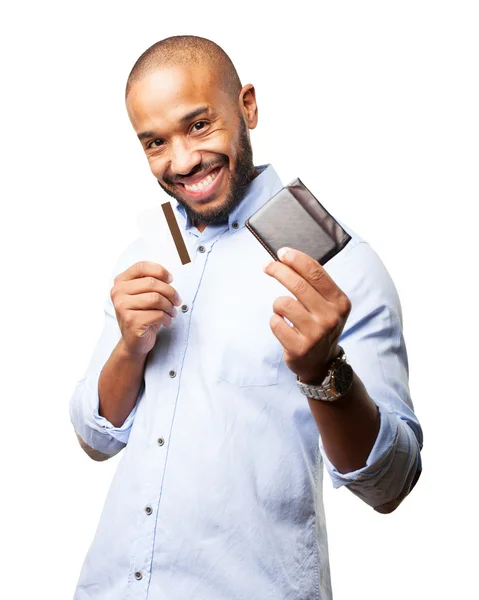 Hombre de negocios negro con cartera y tarjeta de crédito — Foto de Stock