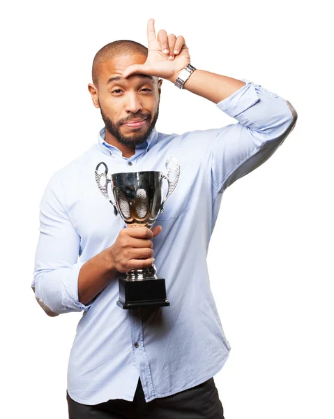 Hombre de negocios negro con copa deportiva —  Fotos de Stock