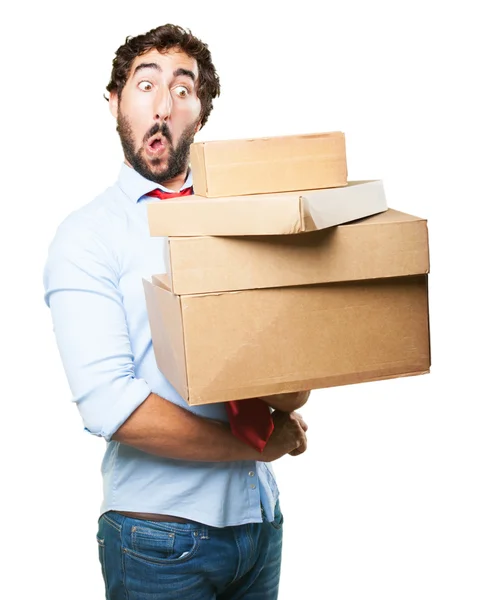 Homme d'affaires fou avec des boîtes en carton — Photo