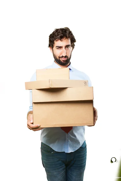Божевільний бізнесмен з картонними коробками — стокове фото