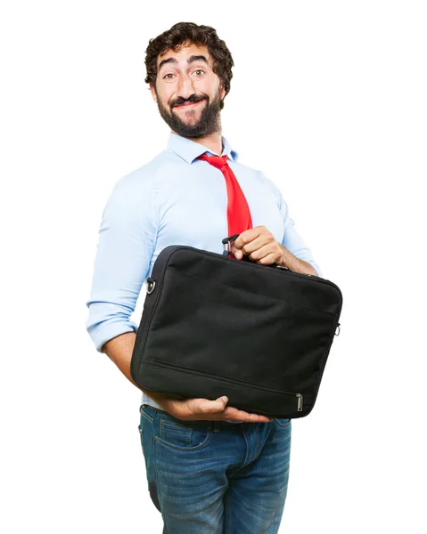 Сумасшедший бизнесмен с черным чемоданом — стоковое фото