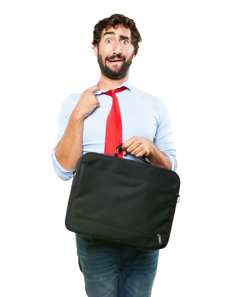 Crazy businessman with black suitcase — Stock Photo, Image