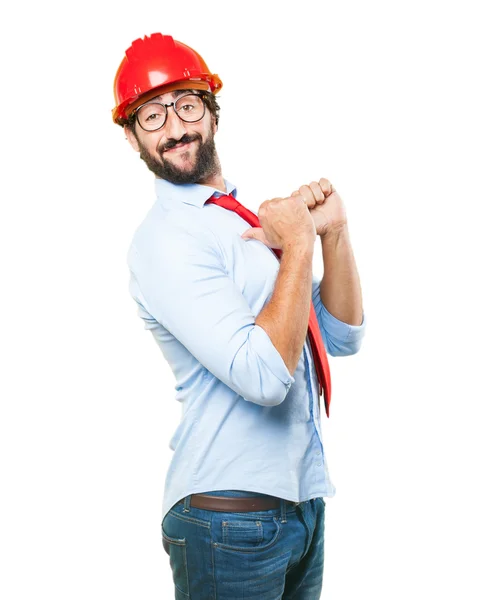 Empresário na construção de chapéu com expressão feliz — Fotografia de Stock