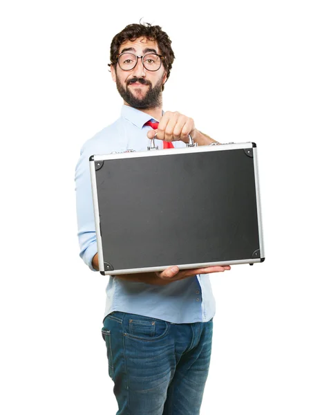 Crazy business man with suitcase — Stock Photo, Image