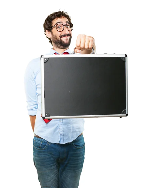 Crazy business man with suitcase — Stock Photo, Image