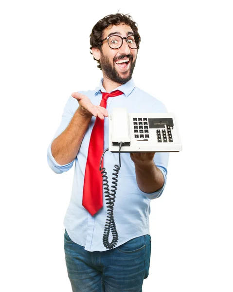 Homme d'affaires fou avec vieux téléphone — Photo