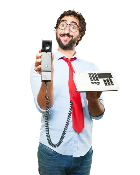 Verrückter Geschäftsmann mit altem Telefon — Stockfoto