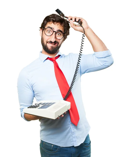 Crazy businessman with old telephone — Stock Photo, Image