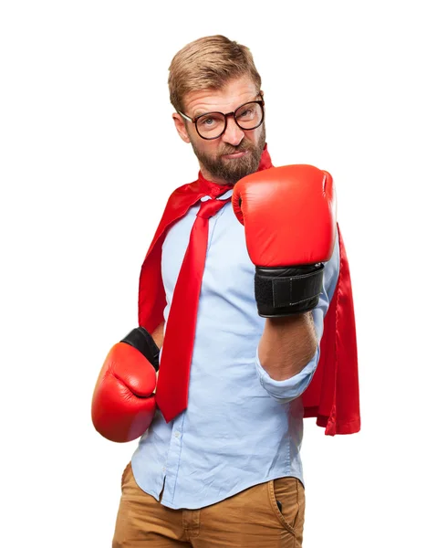 Hrdina blonďatý muž nosí Boxerské rukavice — Stock fotografie