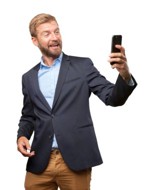 çılgın işadamı selfie üstünde hareket eden telefon yapıyor