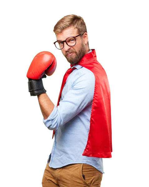 Blond man hero wearing boxing gloves — Stock Photo, Image