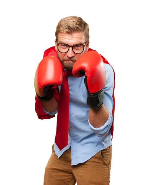 Blond man hjälte bär boxning handskar — Stockfoto