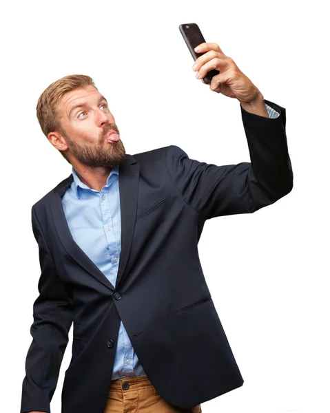 Τρελό επιχειρηματίας κάνει selfie στο κινητό τηλέφωνο — Φωτογραφία Αρχείου