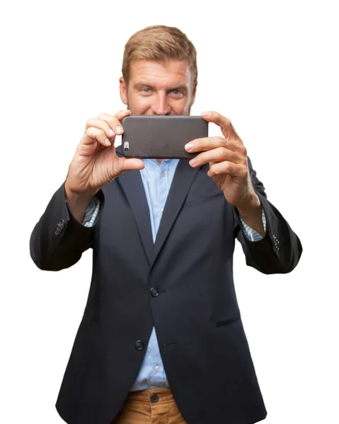 Szalony biznesmen robi selfie na telefon komórkowy — Zdjęcie stockowe