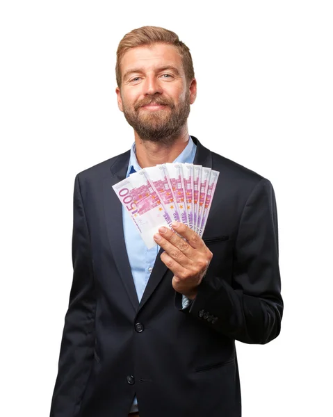 Блондин счастливый бизнесмен с банкнотами — стоковое фото
