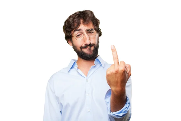 Crazy man smokes cigarette with expression — Stock Photo, Image