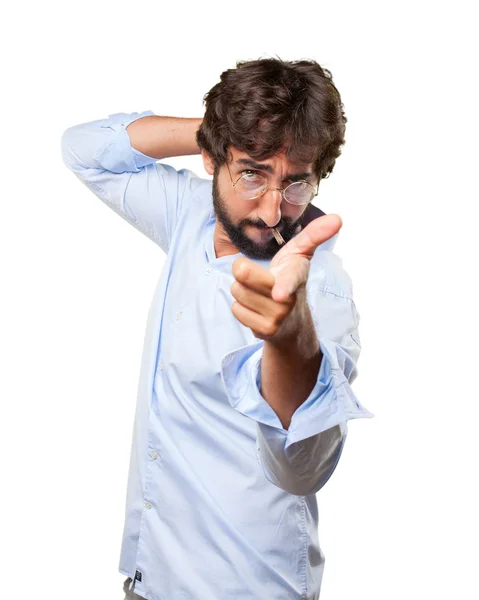 Louco homem fuma cigarro com expressão — Fotografia de Stock