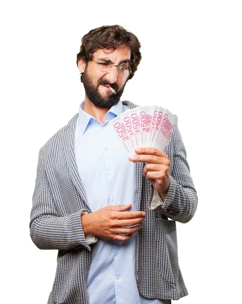 Crazy hippie man with banknotes — Stock Photo, Image