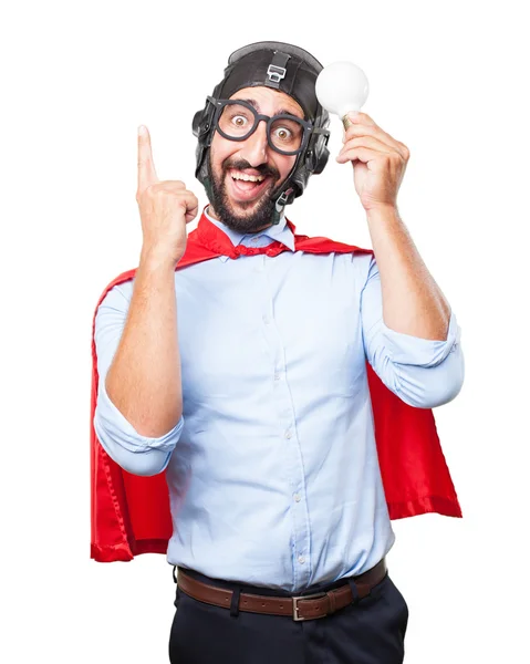 Crazy hero man with lightbulb — Stock Photo, Image