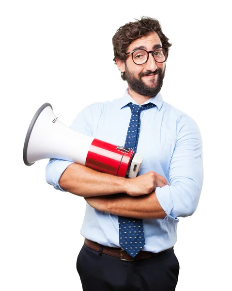 Crazy businessman with megaphone — Stockfoto