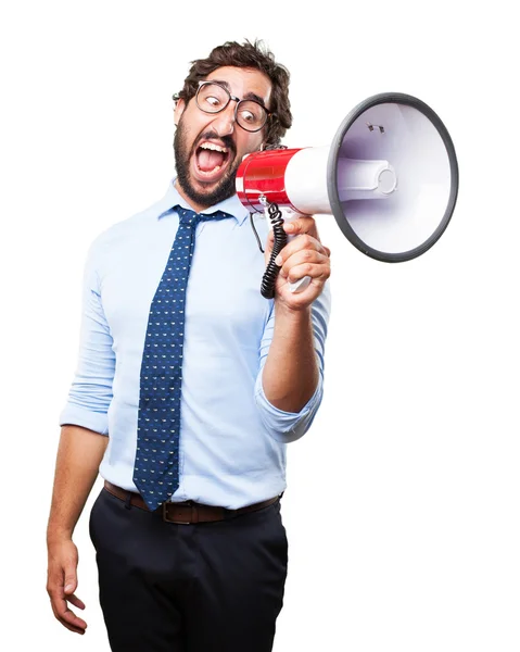 Crazy businessman with megaphone — Stockfoto
