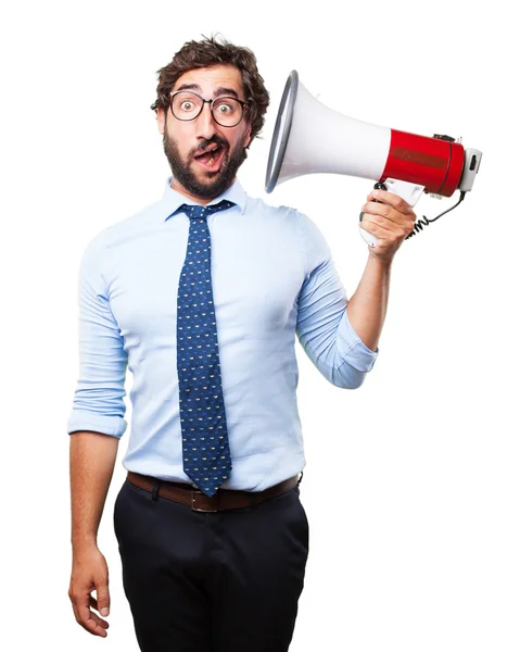 Crazy businessman with megaphone — Stok fotoğraf