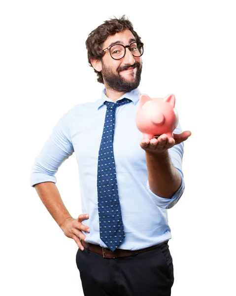 Crazy businessman with piggybank — Stock Photo, Image