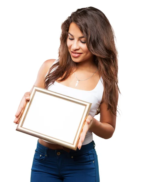 Young black girl with frame — Stock Photo, Image