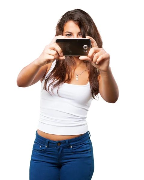Fiatal fekete lány-val mozgatható telefon — Stock Fotó
