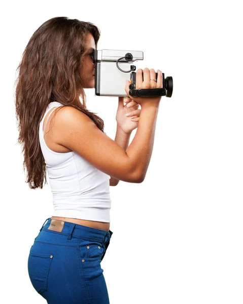 Молодая черная девушка с камерой — стоковое фото