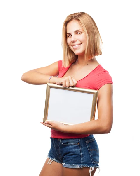 Young blond girl with frame — Stock Photo, Image