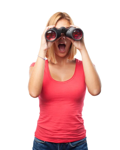 Blond girl with binoculars — Stock Photo, Image