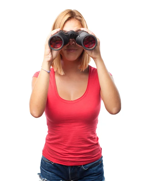 Blondýnka s dalekohledem — Stock fotografie
