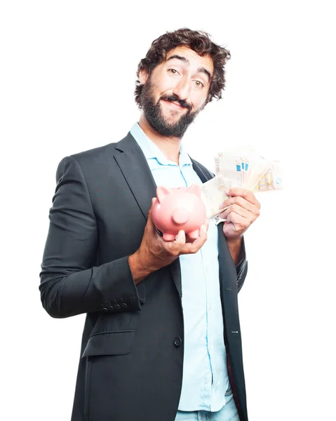 Loco hombre de negocios con billetes y alcancía — Foto de Stock