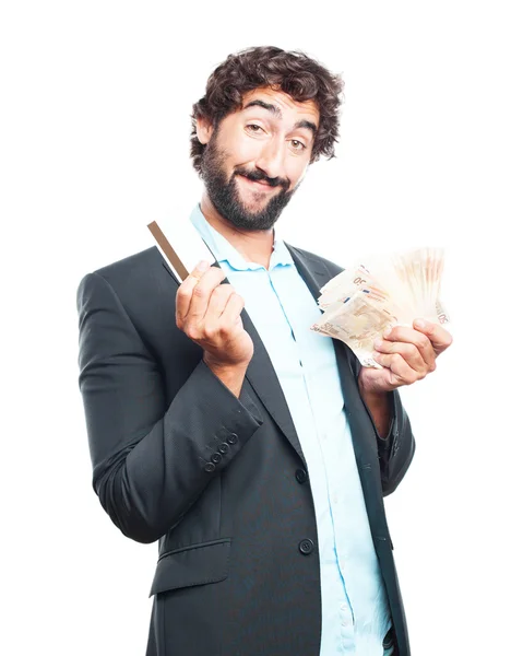 Crazy affärsman med sedlar och kreditkort — Stockfoto