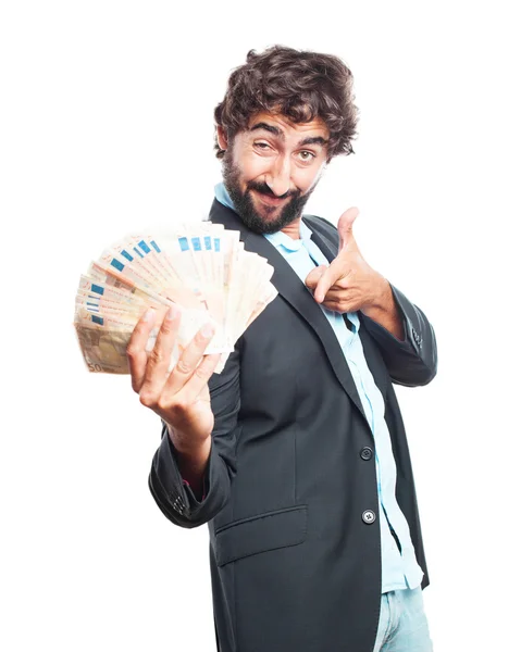Сумасшедший бизнесмен с банкнотами — стоковое фото