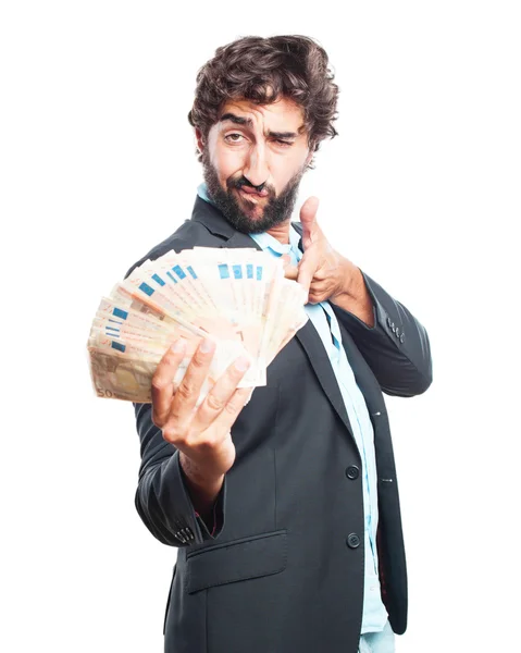 Crazy business man with banknotes — Stock Photo, Image