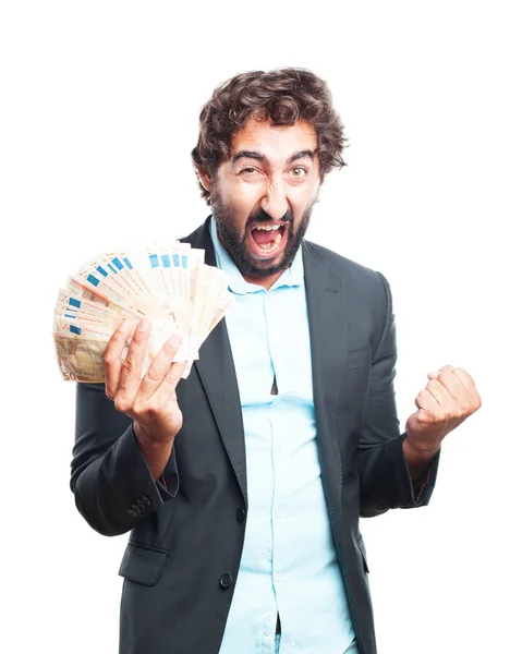 Crazy uttryck affärsman med sedlar — Stockfoto