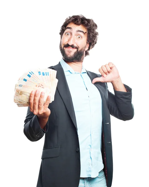 Crazy expression businessman with banknotes — Stock Photo, Image