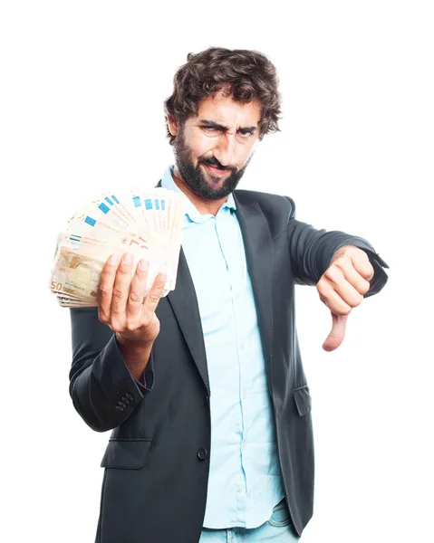 Crazy expression businessman with banknotes — Stock Photo, Image